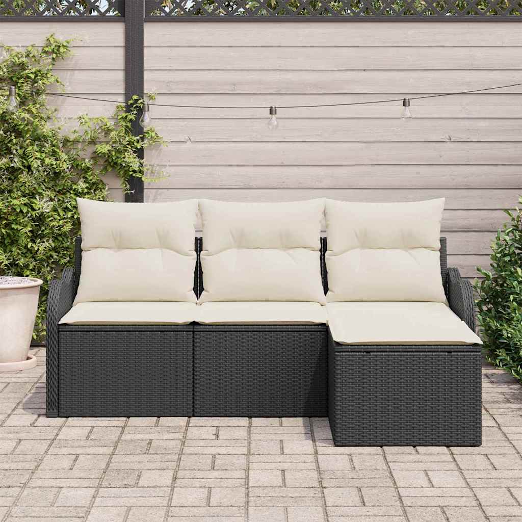 vidaXL 4-delige Tuinbankenset met kussens poly rattan zwart