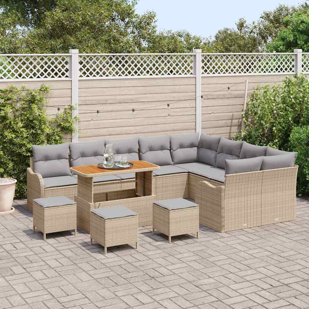 vidaXL 13-delige Tuinbankenset met kussens poly rattan acacia beige