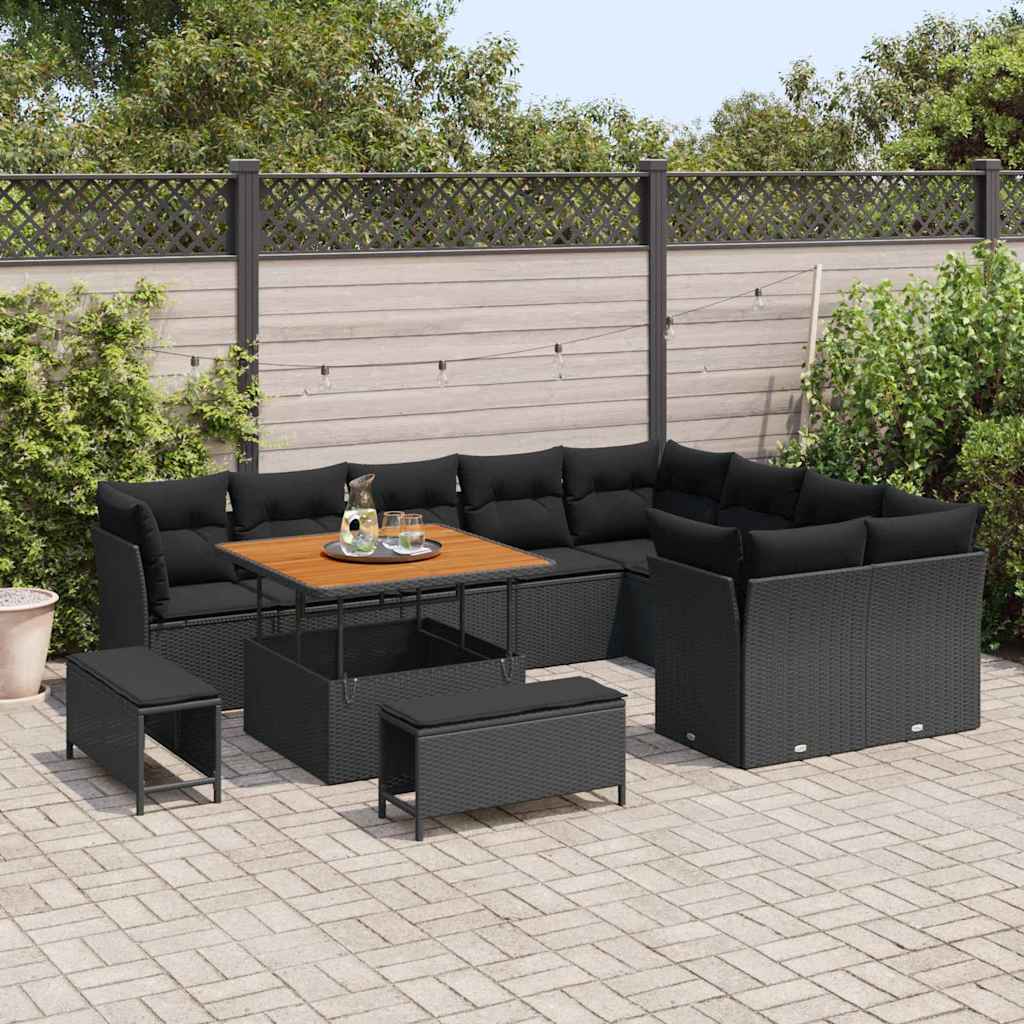 vidaXL 12-delige Tuinbankenset met kussens poly rattan acacia zwart