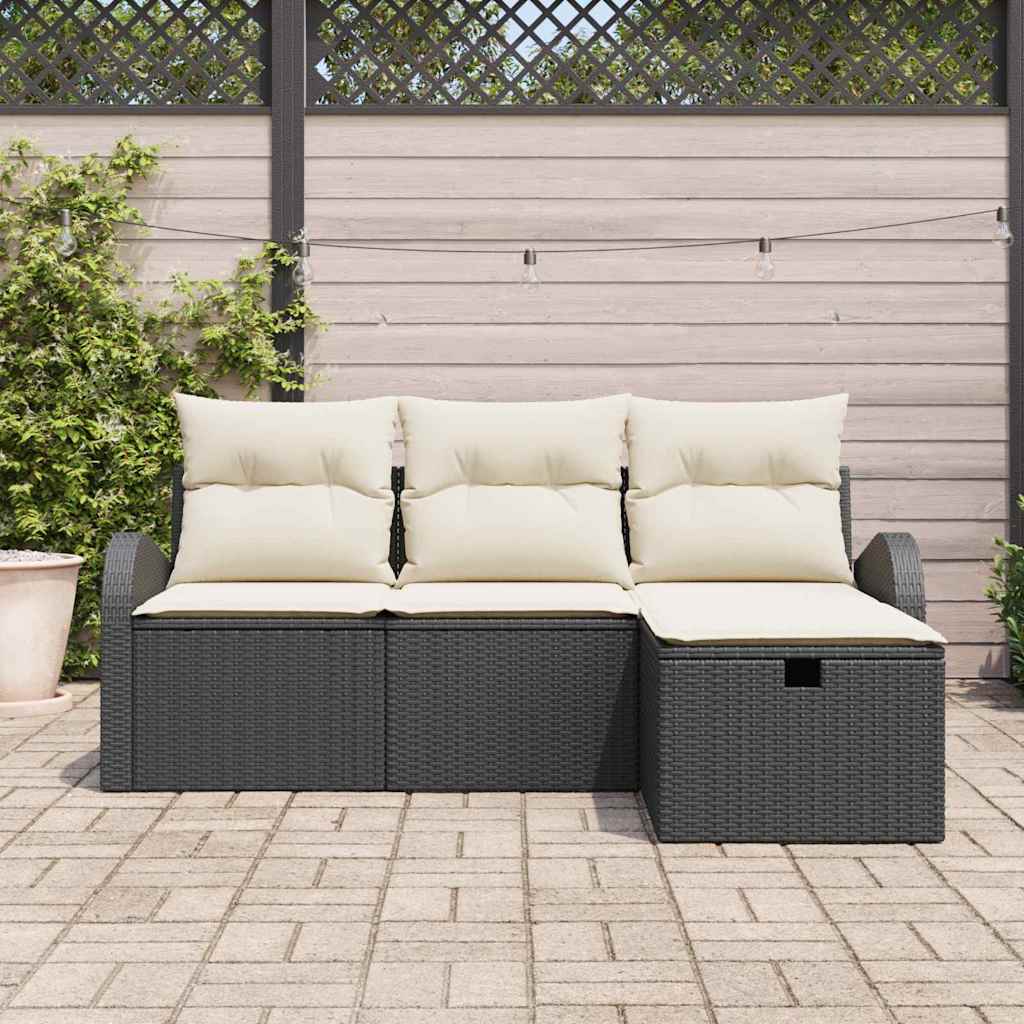 vidaXL 4-delige tuinbankset met kussens, zwart poly rattan