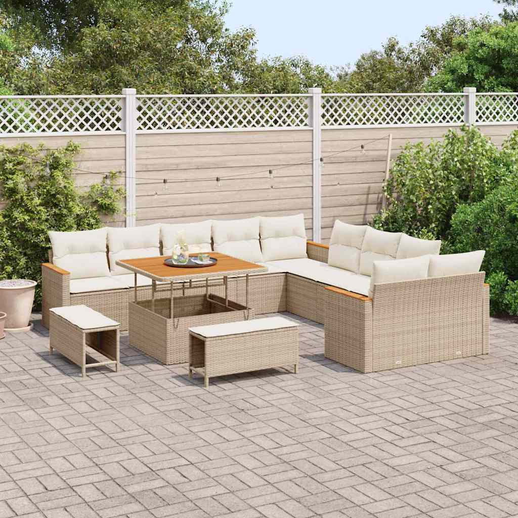 vidaXL 13-delige Tuinbankenset met kussens poly rattan acacia beige