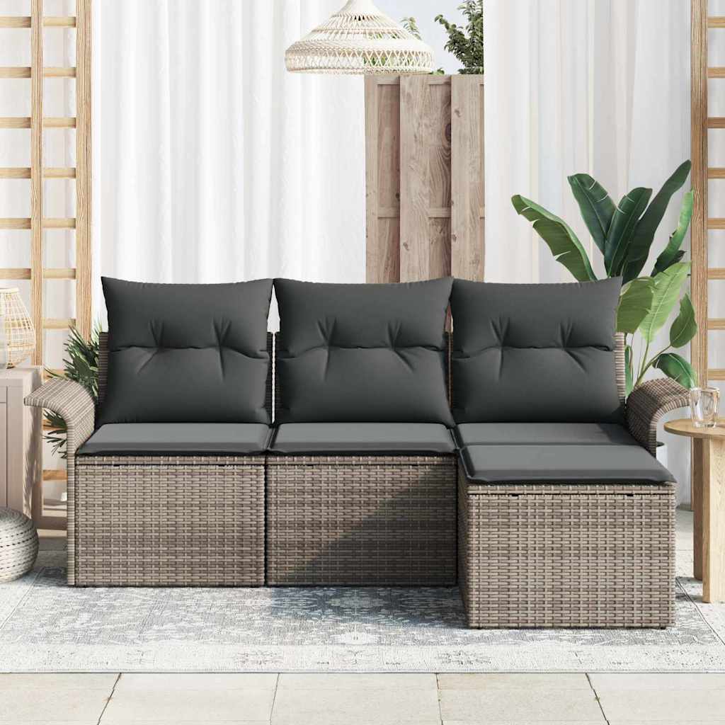 vidaXL 4-delige Tuinbankenset met kussens poly rattan grijs