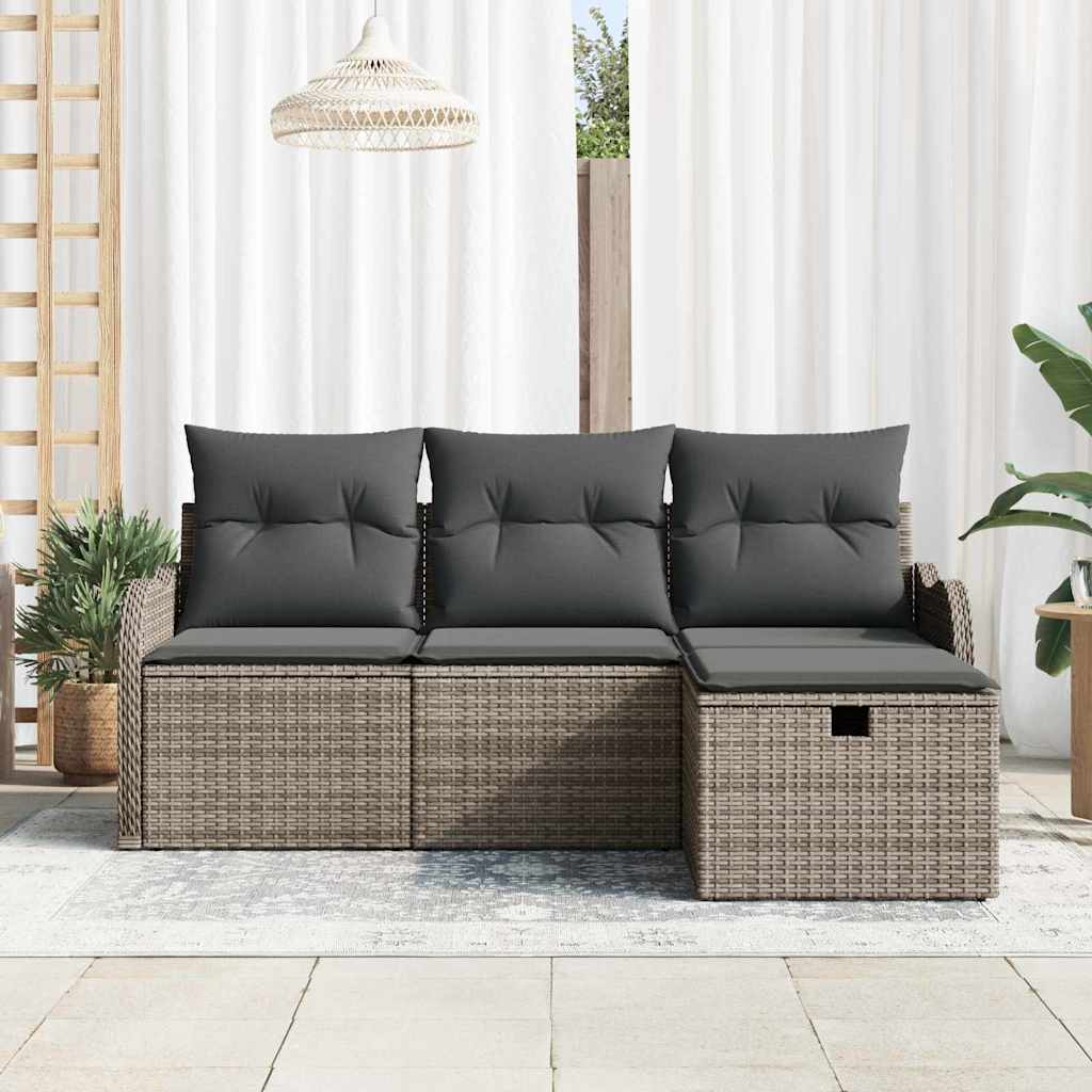 vidaXL 4-delige tuinsofa set met grijze kussens van poly riet