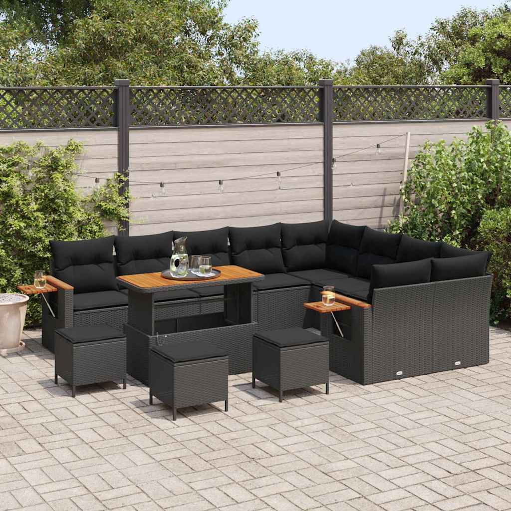 vidaXL 13-delige Tuinbankenset met kussens poly rattan acacia zwart