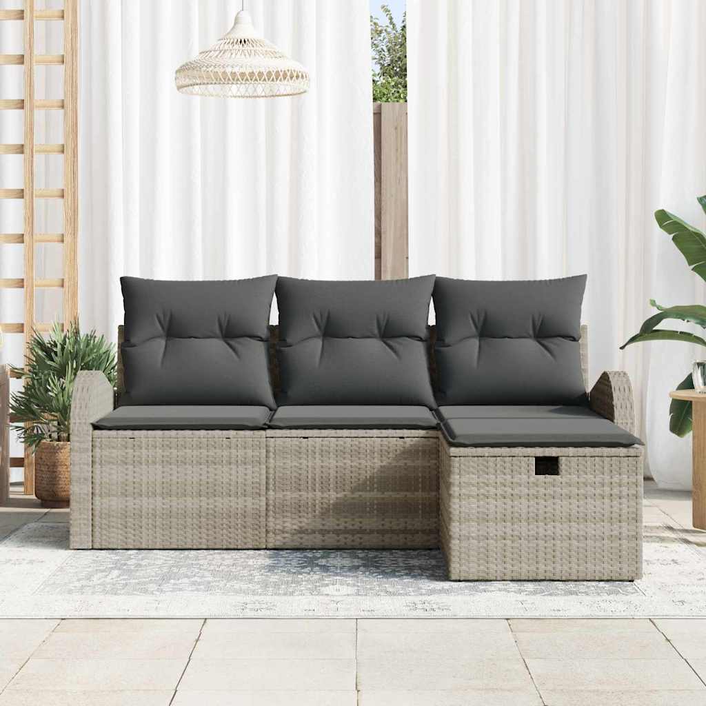 vidaXL 4-delige tuinbankset met kussens in lichtgrijs poly rattan