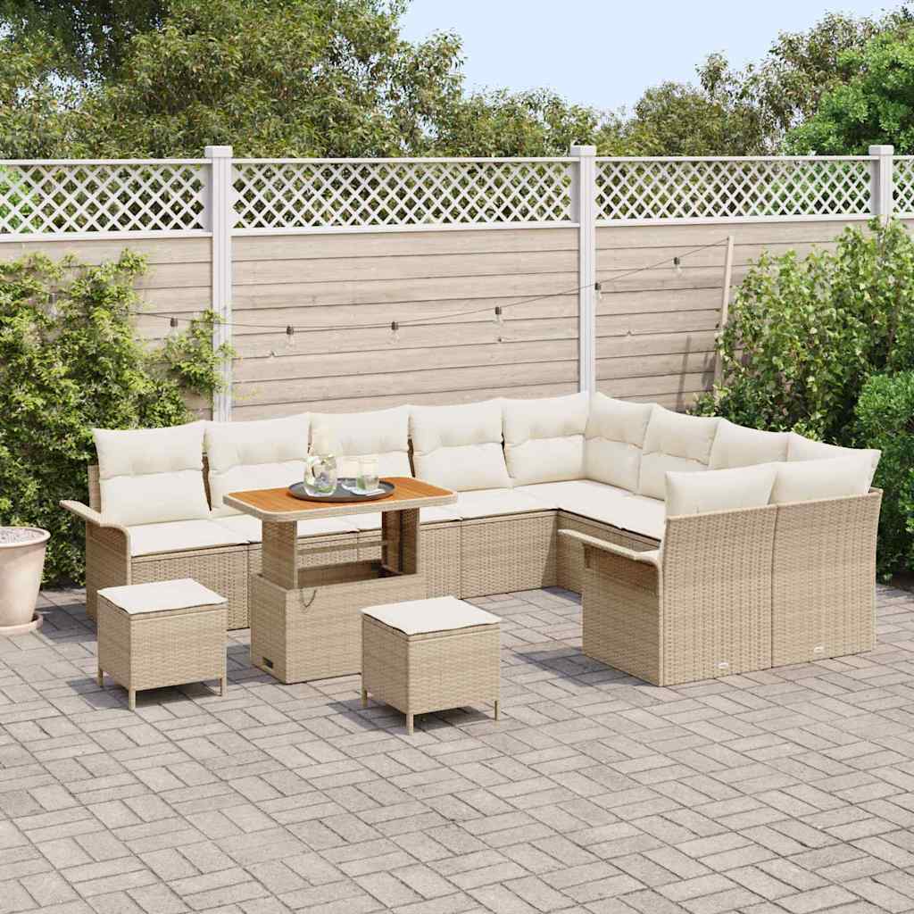 vidaXL 12-delige tuinset met kussens in beige poly rattan en acacia