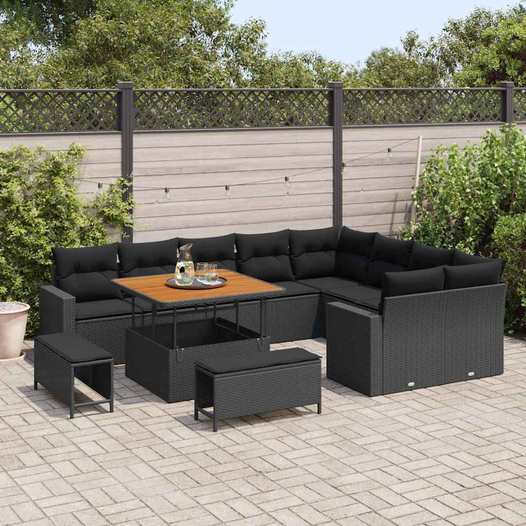 vidaXL 12-delige tuinset met kussens zwart poly rattan acacia