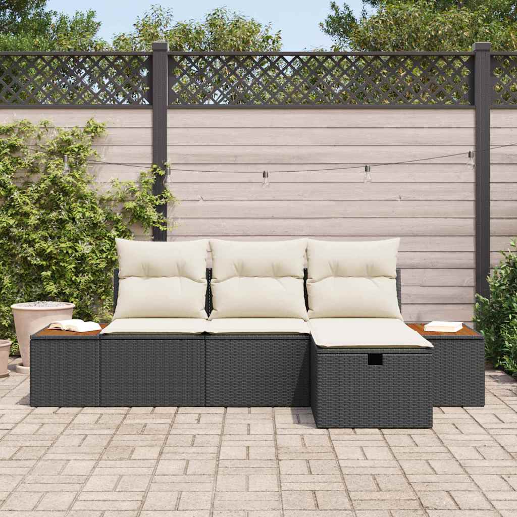 vidaXL 4-delige tuinsofa set met kussens in zwart poly riet