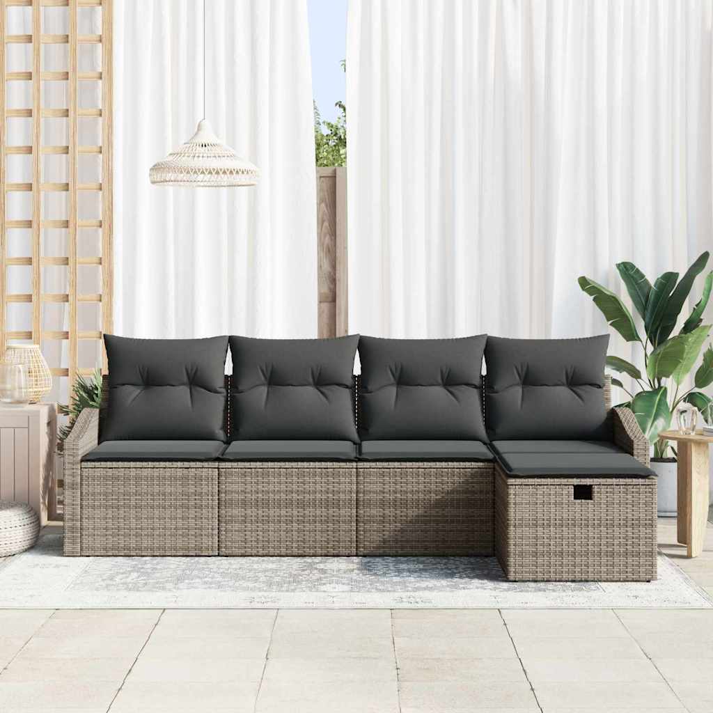 vidaXL 5-delige tuinsofa set met kussens in grijs poly riet