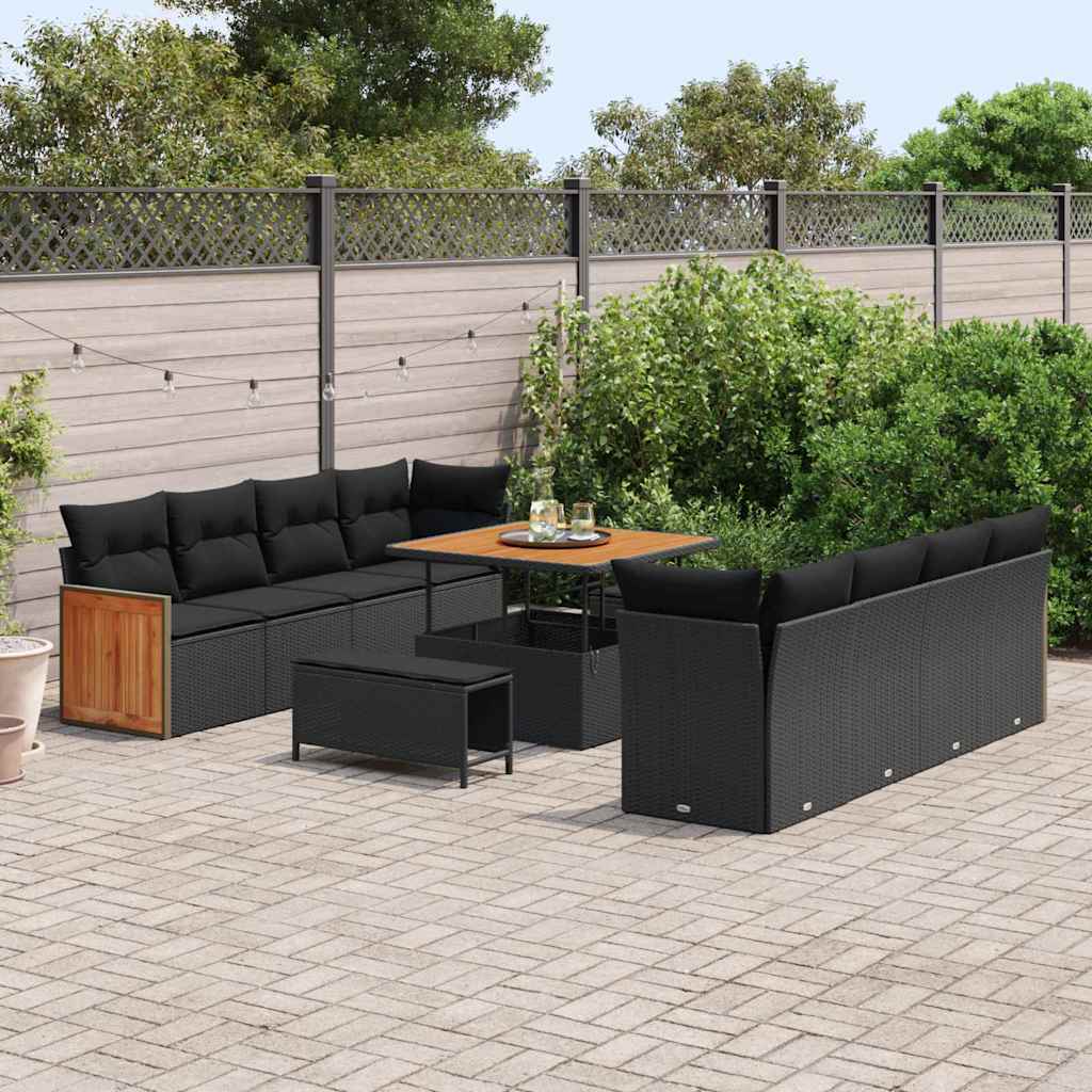 vidaXL 11-delige Tuinbankenset met kussens poly rattan acacia zwart