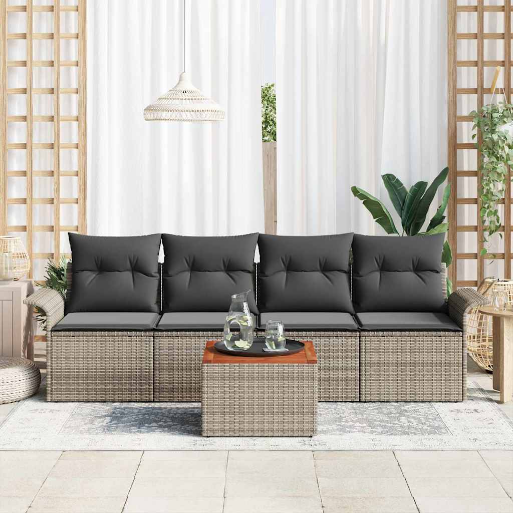 vidaXL 5-delige tuinsofa-set met kussens - Grijs - Poly Rattan - Acacia