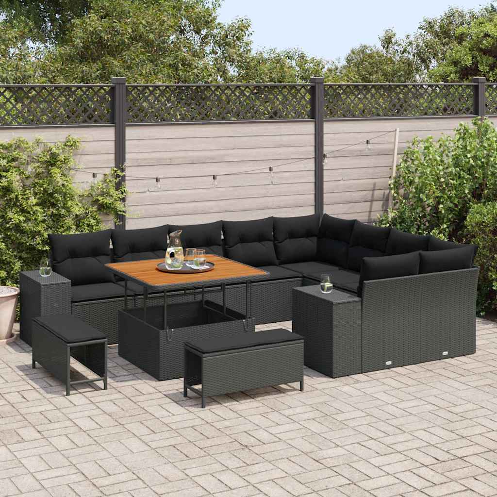 vidaXL 12-delige tuinsofa set met kussens zwart poly rattan acacia