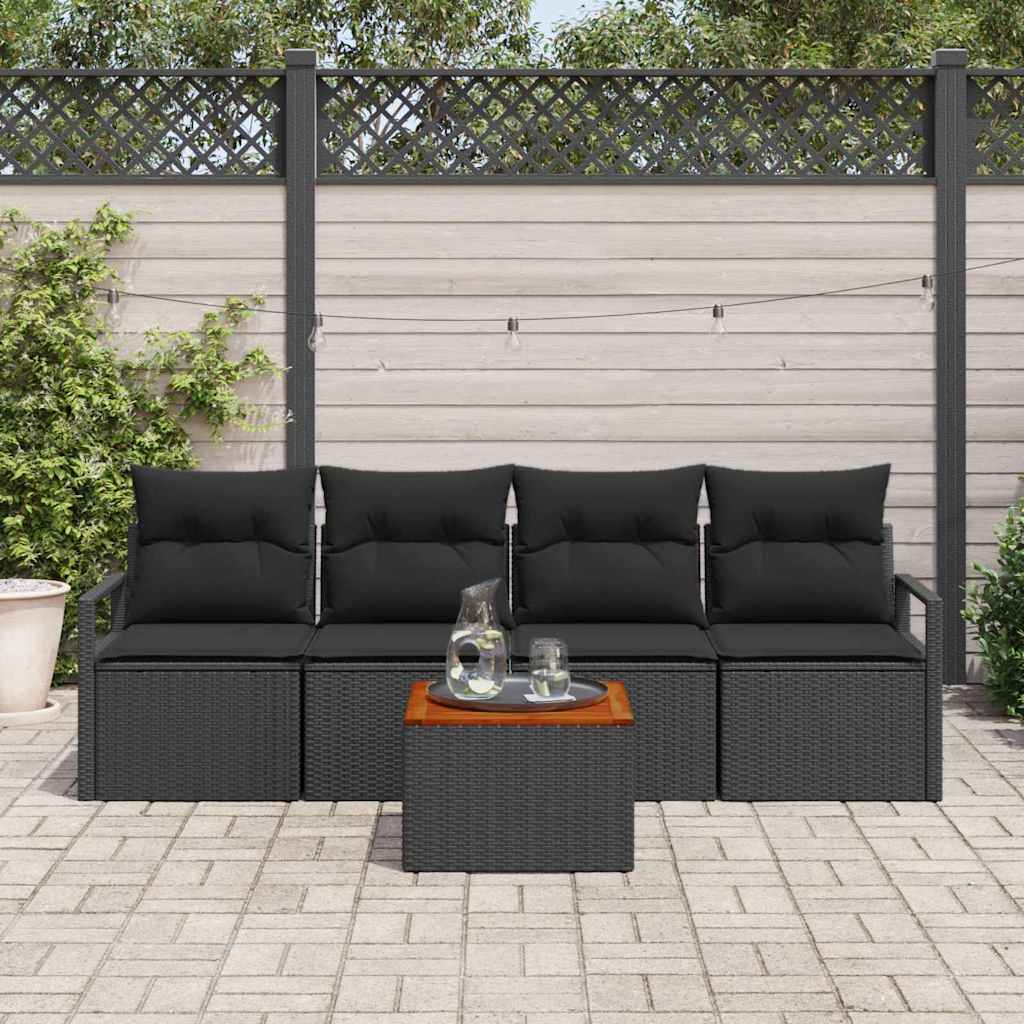 vidaXL 5-delige tuinbankset met kussens in zwart poly rattan en acacia
