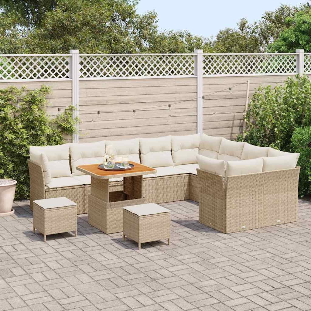 vidaXL 12-delige Tuinbankenset met kussens poly rattan acacia beige