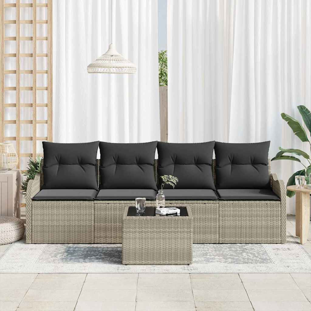 vidaXL 5-delige tuinbankset met kussens in lichtgrijs poly rattan