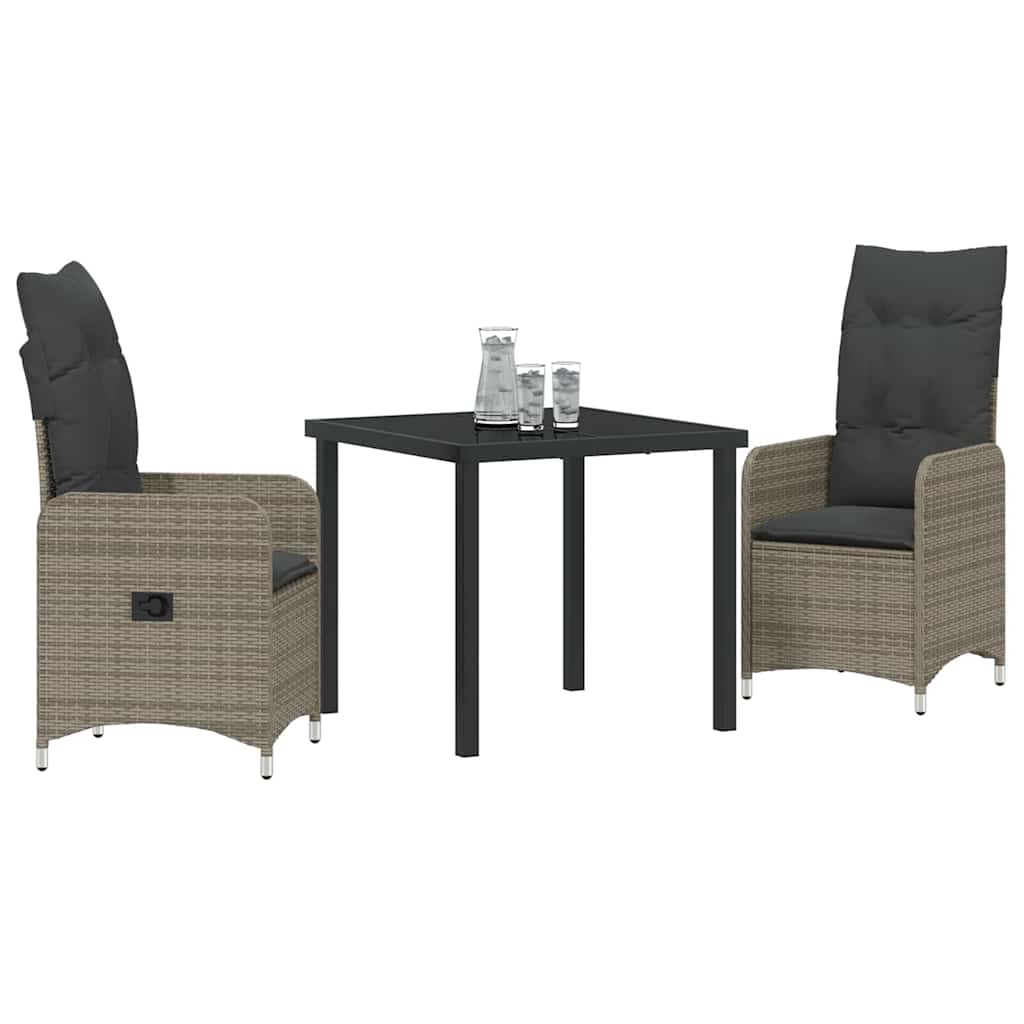 vidaXL 3-delige Tuin Eettafel Set met Kussens Grijs Poly Rattan