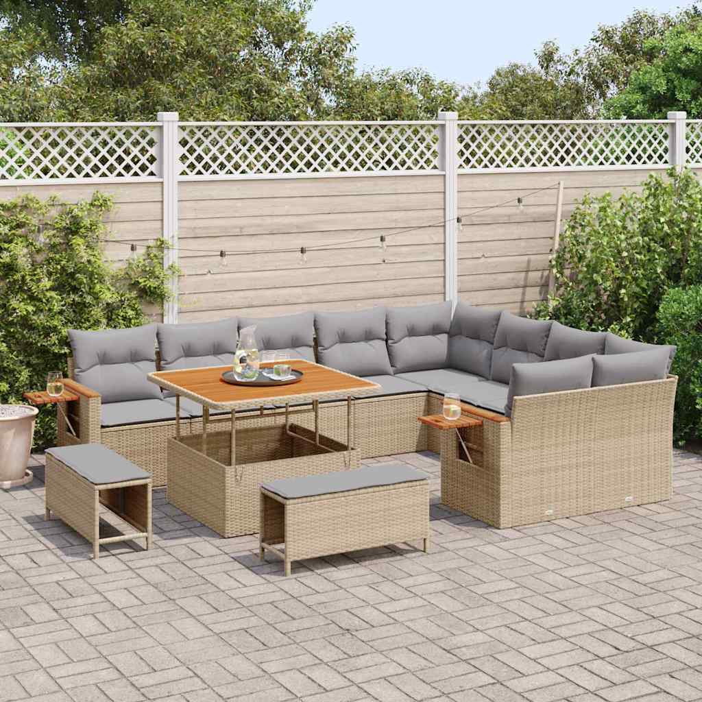 vidaXL 12-delige Tuinbankenset met kussens poly rattan acacia beige