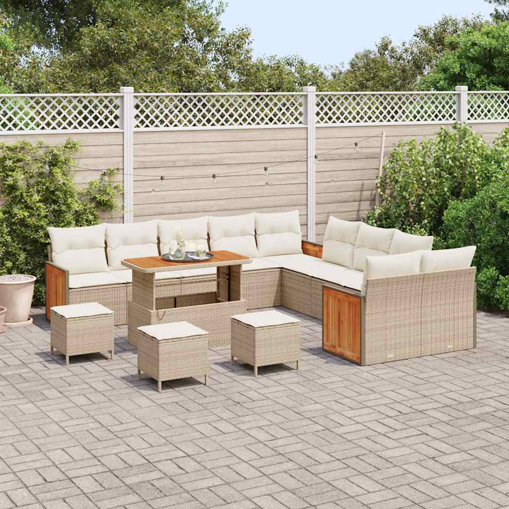 vidaXL 14-delige Tuinbankenset met kussens poly rattan acacia beige