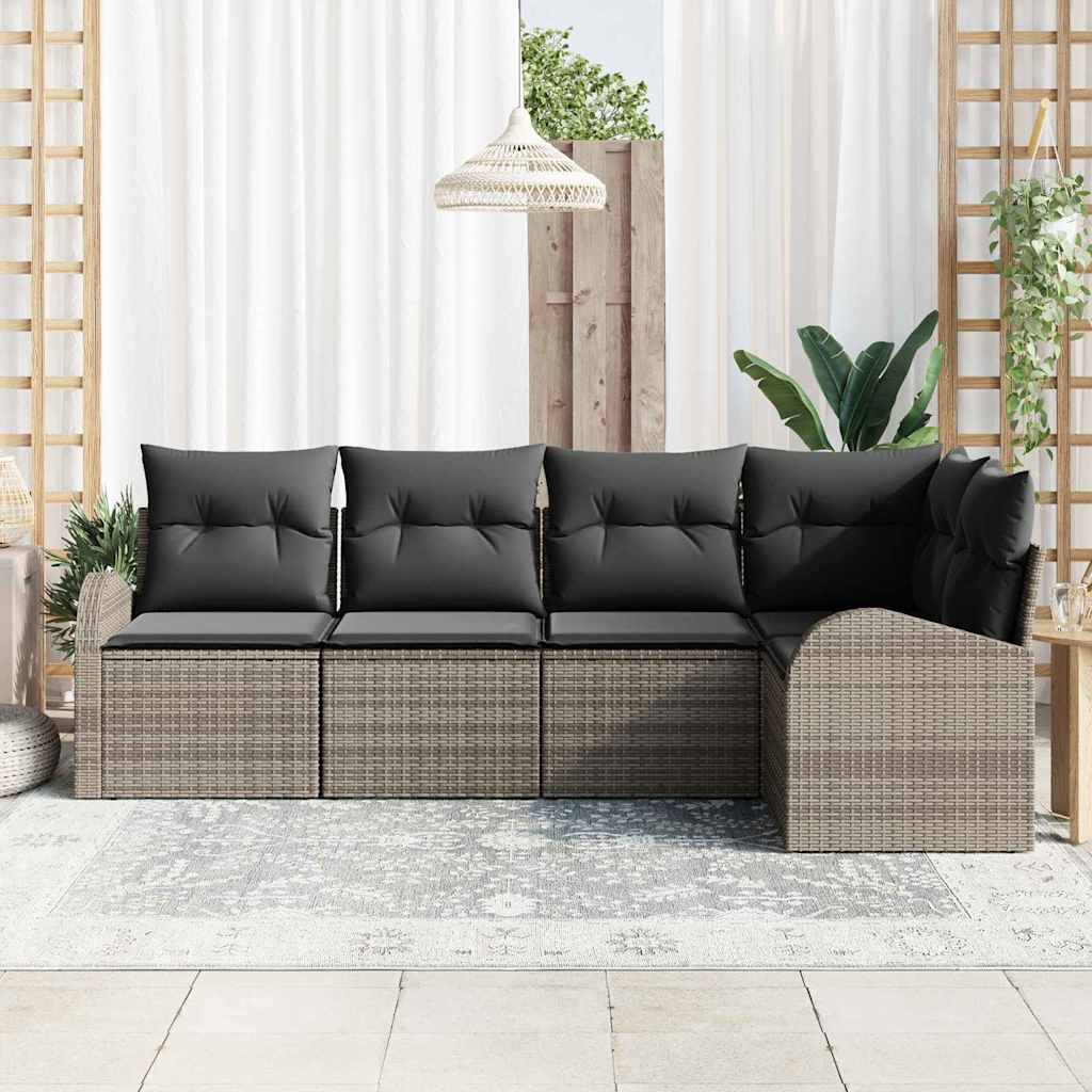 vidaXL 5-delige ligbankset met kussens Grijs Poly Rattan