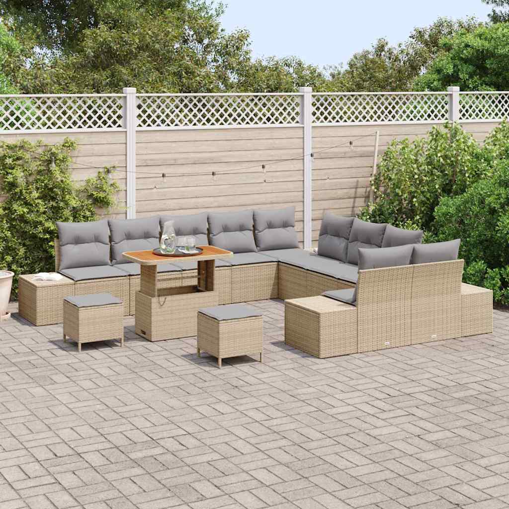 vidaXL 13-delige Tuinbankenset met kussens poly rattan acacia beige