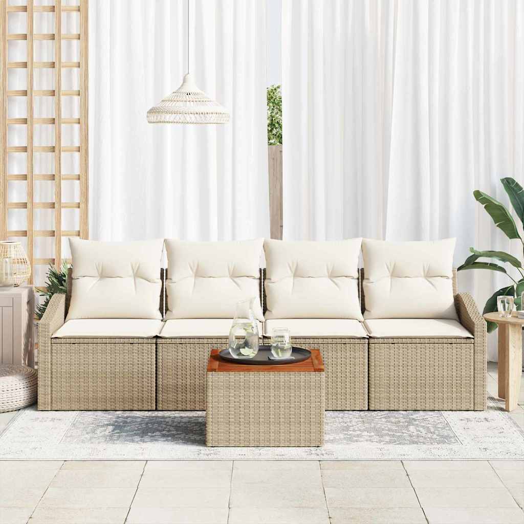 vidaXL 5-delige tuinset met kussens in het beige van poly rattan en acacia