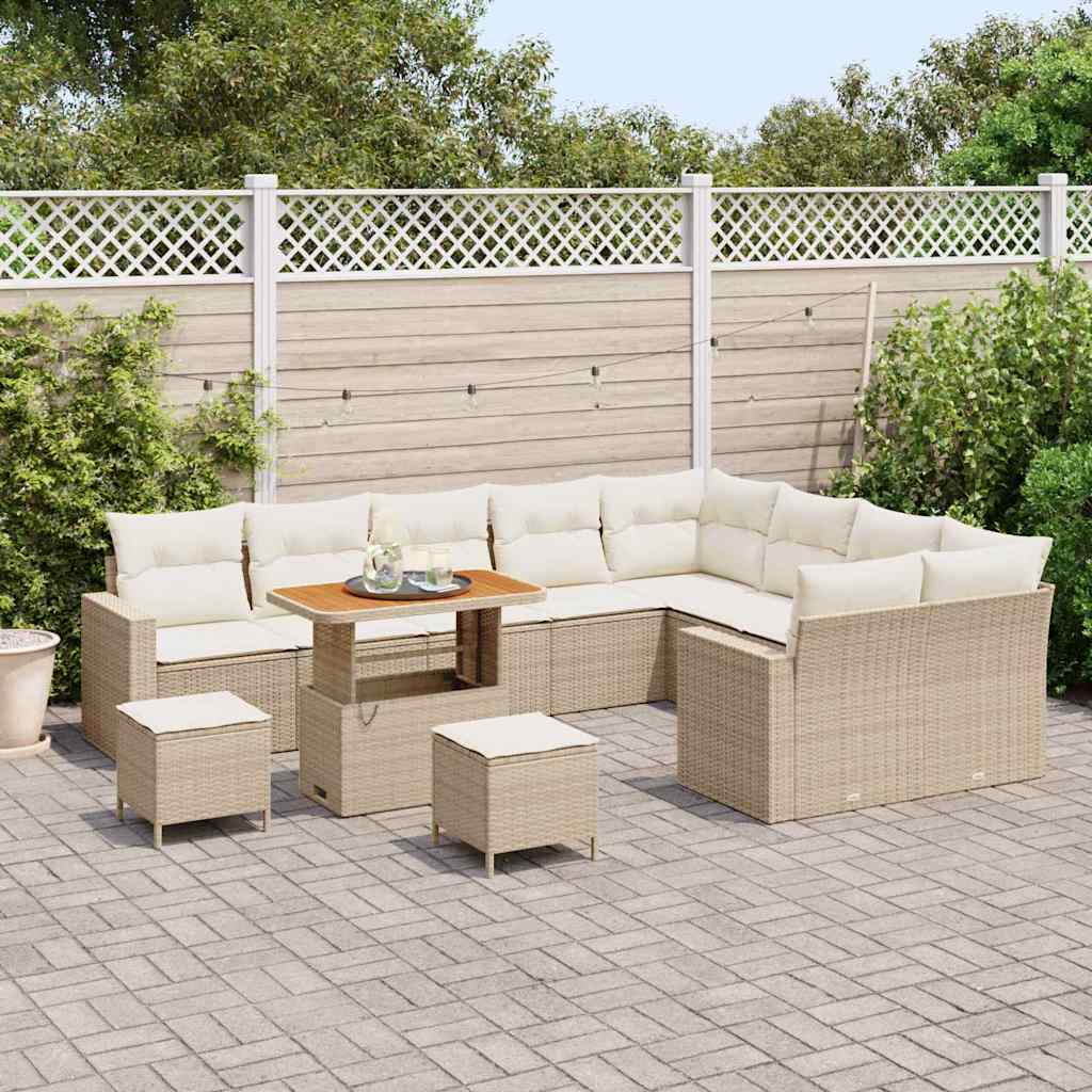 vidaXL 12-delige tuinset met kussens in beige van poly rattan en acacia