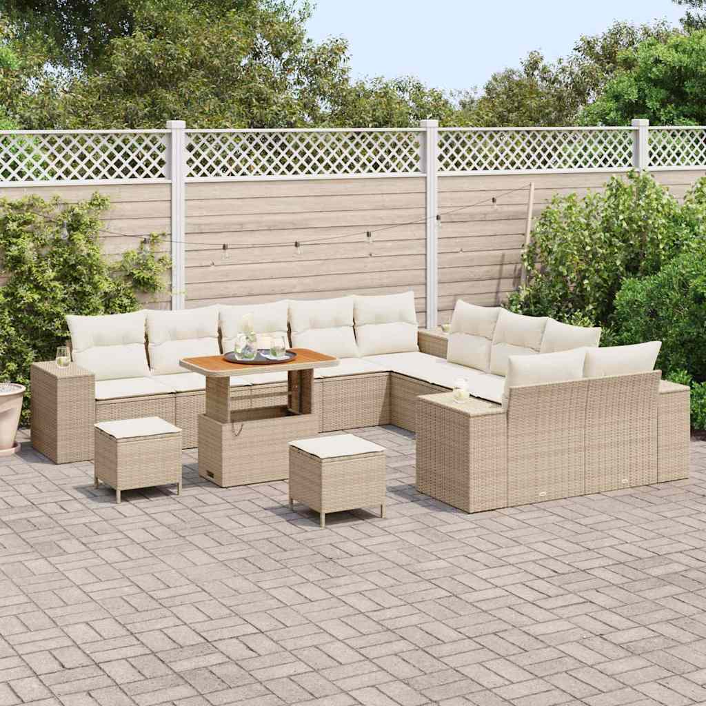 vidaXL 13-delige tuinsofa set met kussens in beige poly rattan en acaciahout