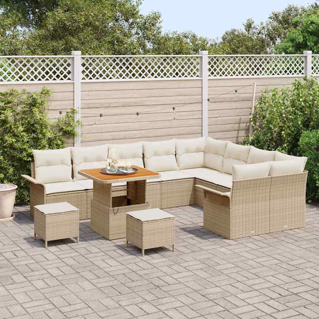 vidaXL 12-delige ligbed set met kussens in beige poly riet en acacia