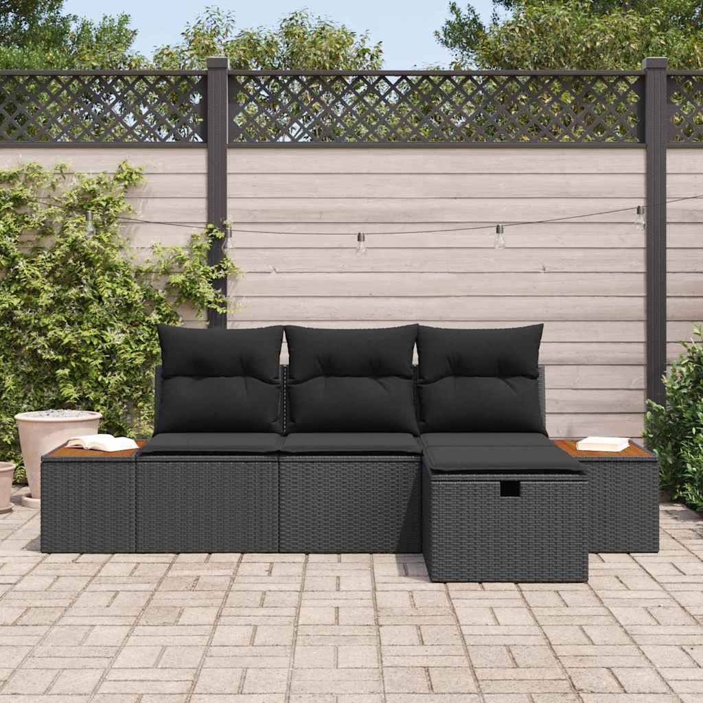 vidaXL 4-delige tuinset met kussens in zwart poly riet