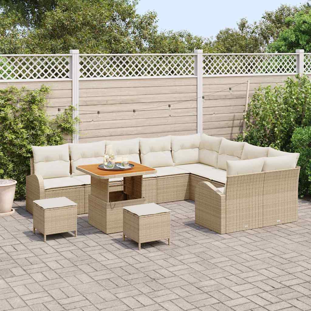 vidaXL 12-delige tuinset met kussens in beige van poly rattan en acacia