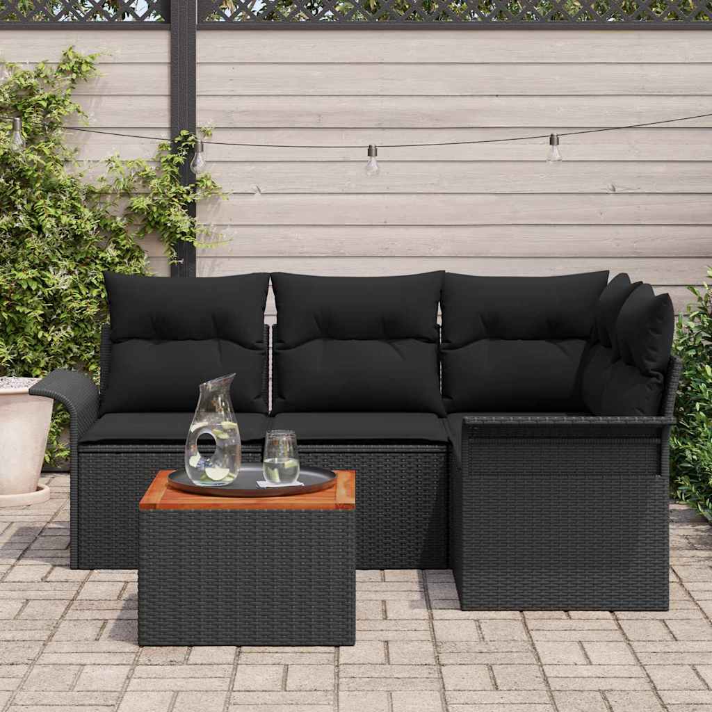 vidaXL 5-delige tuinsofa set met kussens in zwart poly rattan en acacia