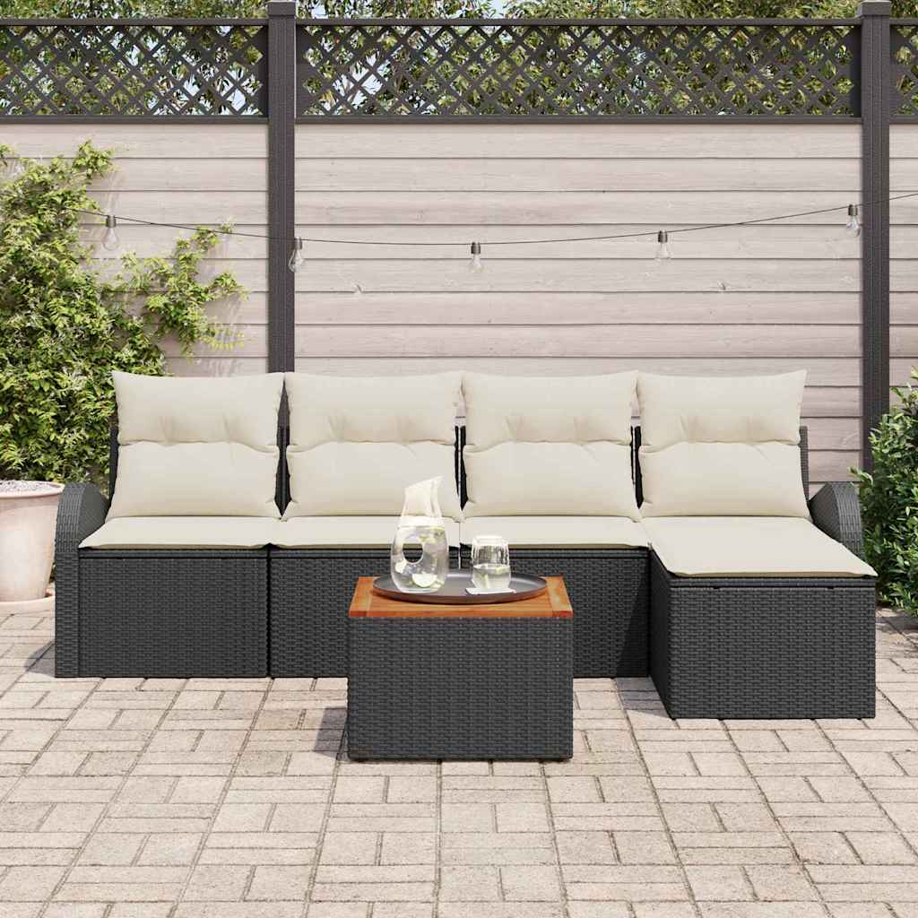 vidaXL 6-delige tuinbankset met kussens in zwart poly rattan en acacia