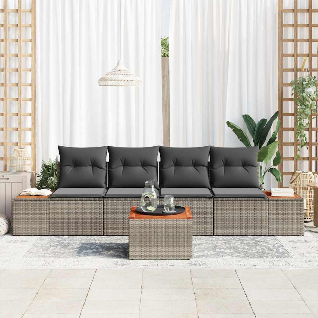 vidaXL 5-delige tuinsofa set met kussens van grijs poly rattan en acacia