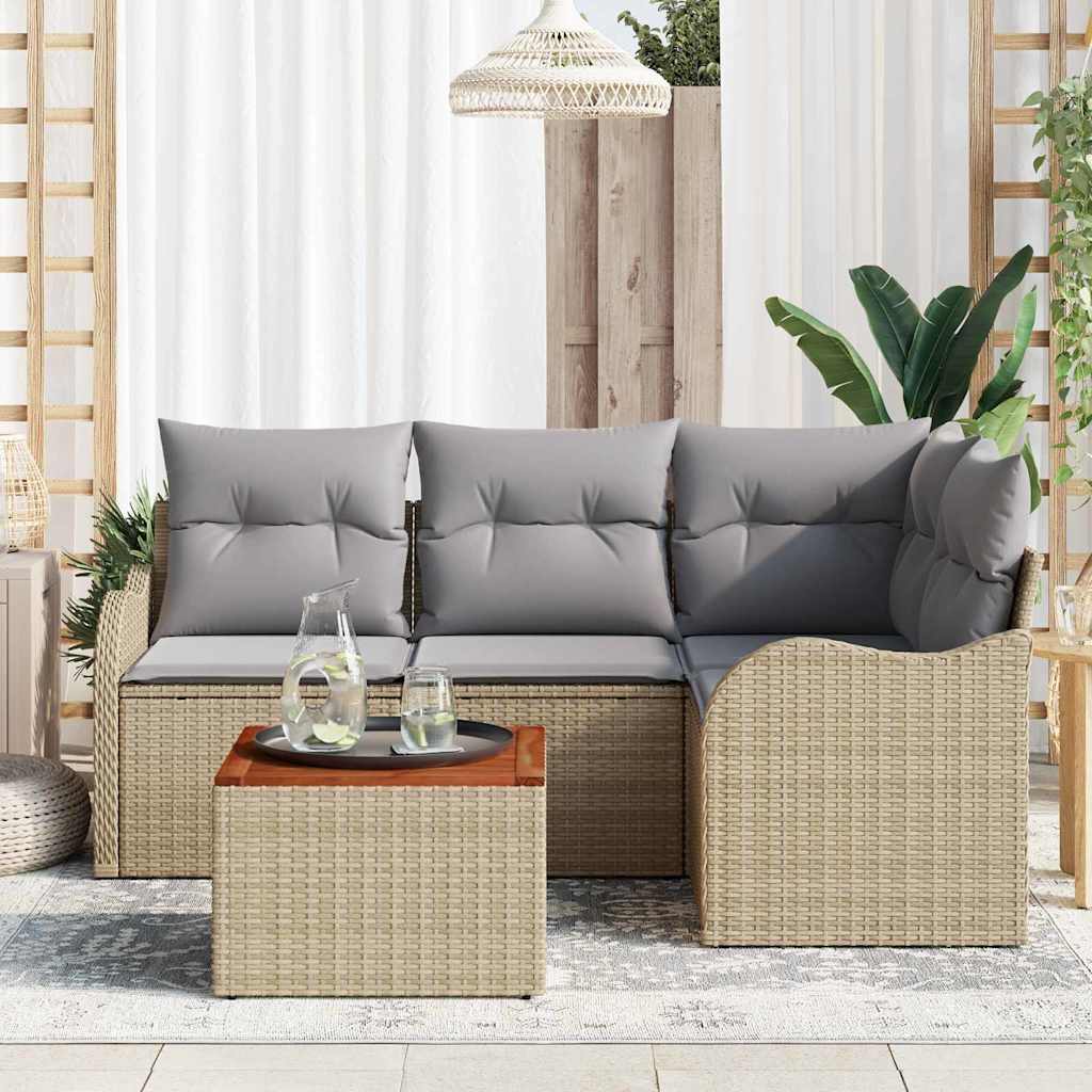vidaXL 5-delige tuinbankset met kussens in beige, van poly rotan en acacia.