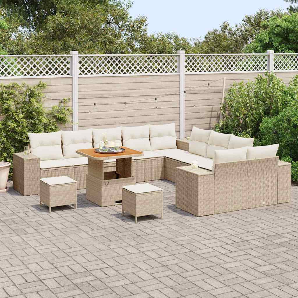 vidaXL 13-delige tuinbankset met kussens beige poly rattan acacia