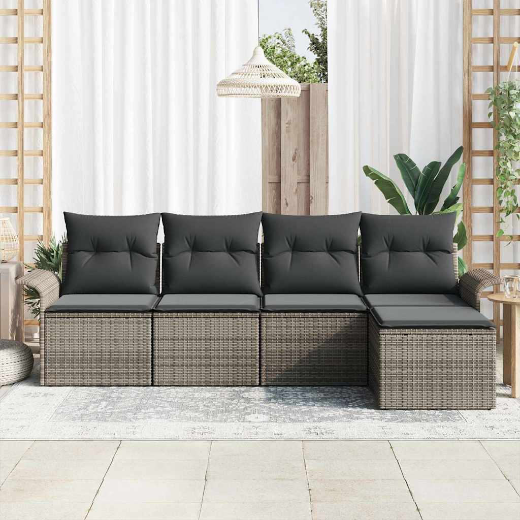 vidaXL 5-delige Tuinbankenset met kussens poly rattan grijs