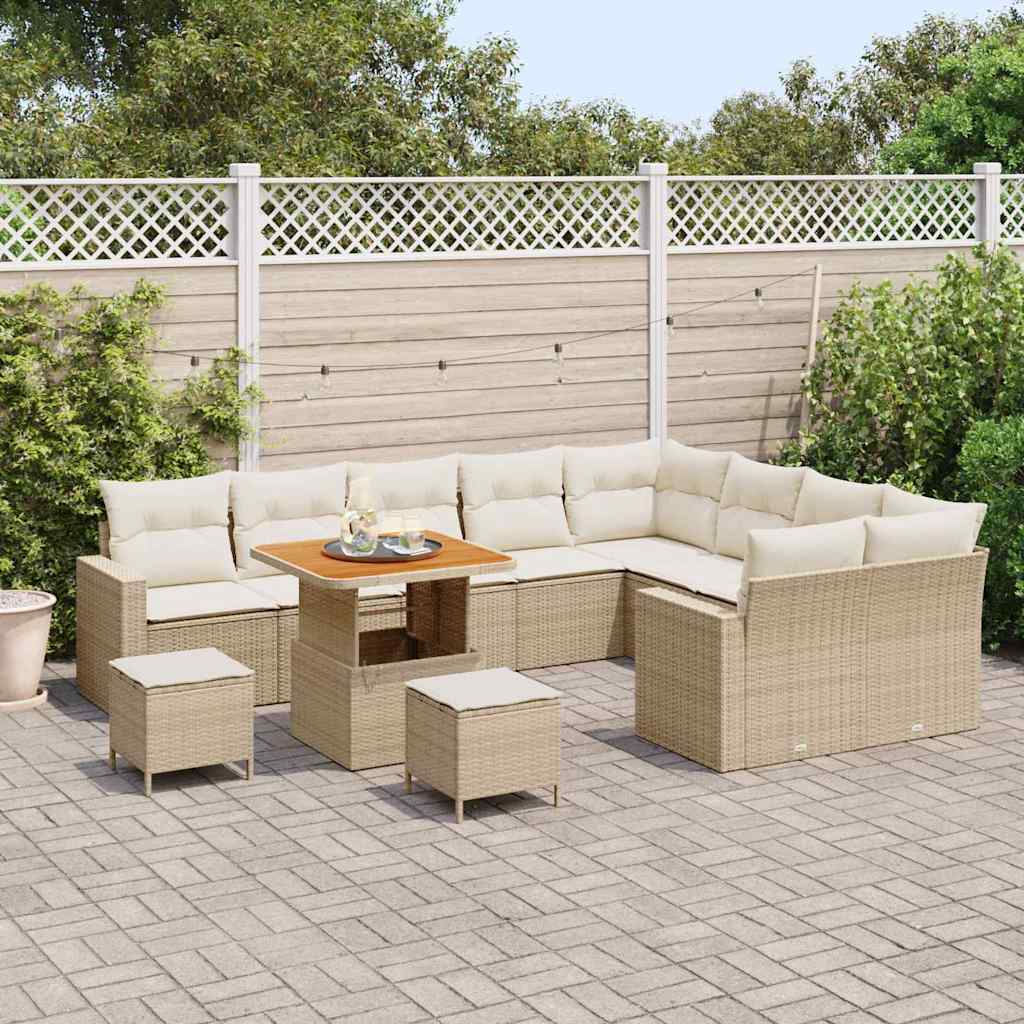 vidaXL 12-delige tuinset met kussens - Beige poly rattan en acacia