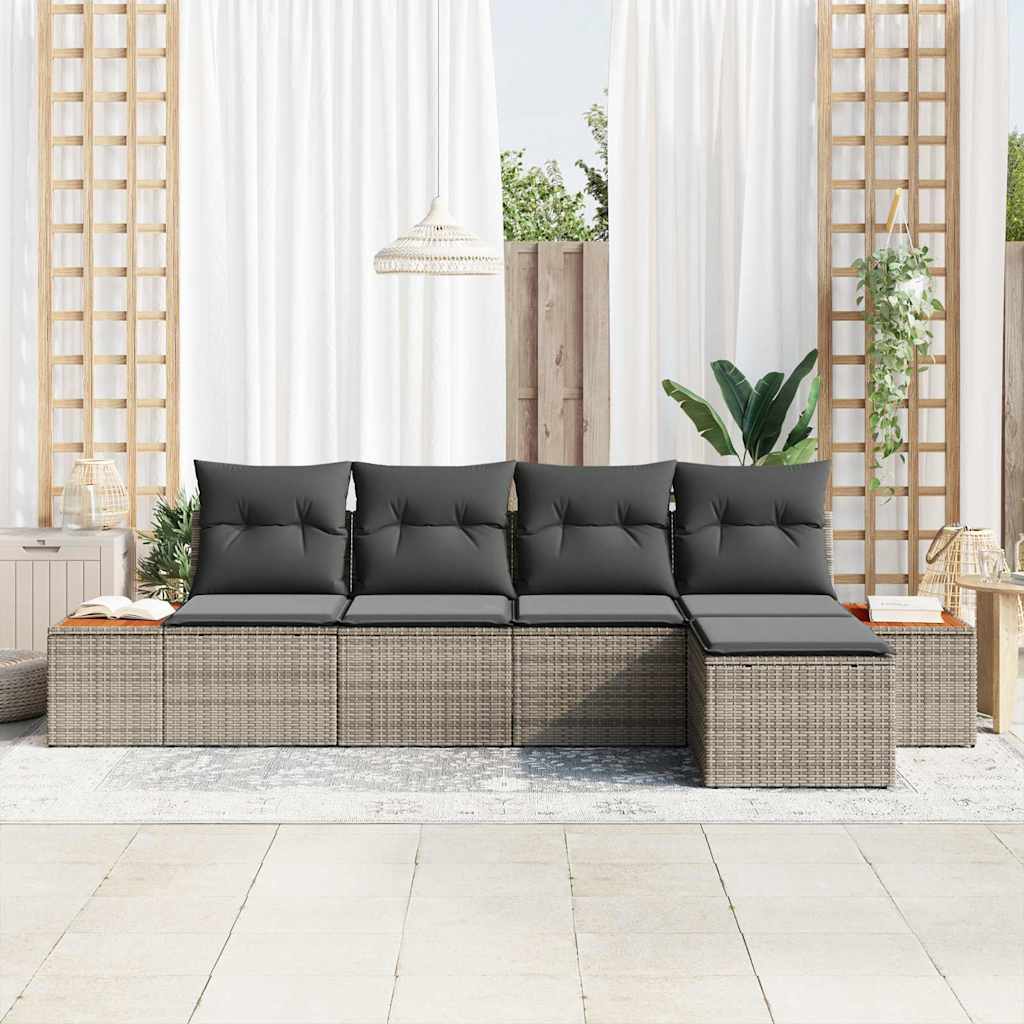 vidaXL 5-delige tuinset met kussens in grijs poly rattan en acacia
