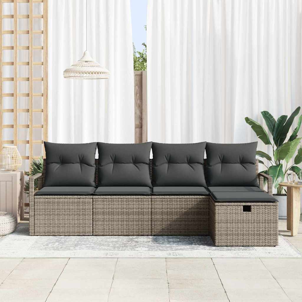 vidaXL 5-delige tuinset met kussens in grijs poly rattan