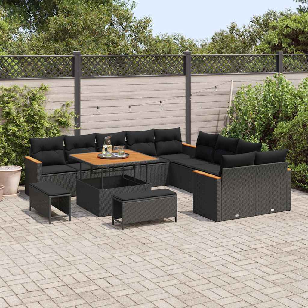 vidaXL 13-delige Tuinbankenset met kussens poly rattan acacia zwart