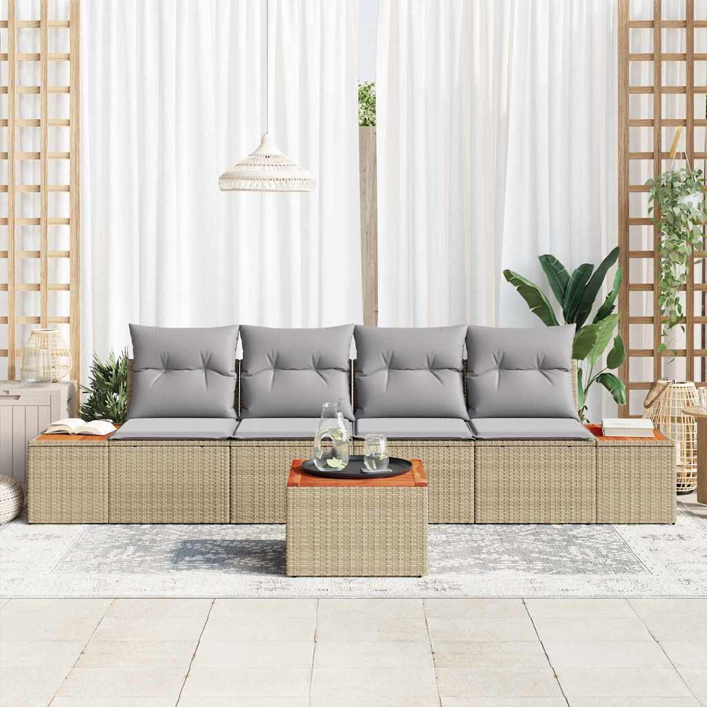 vidaXL 5-delige Tuinset met Kussens in Beige van Poly Rattan en Acacia