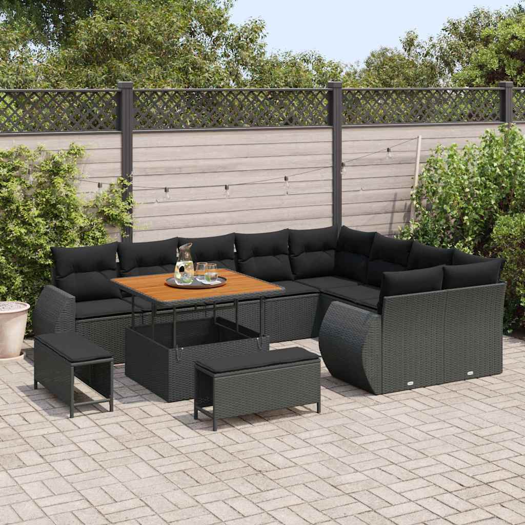 vidaXL 12-delige Tuinbankenset met kussens poly rattan acacia zwart