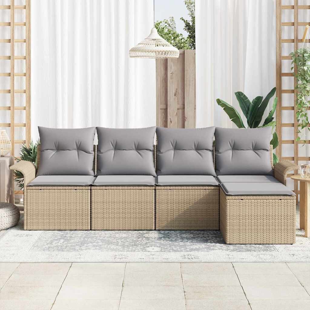 vidaXL 5-delige Tuinbankenset met kussens poly rattan beige