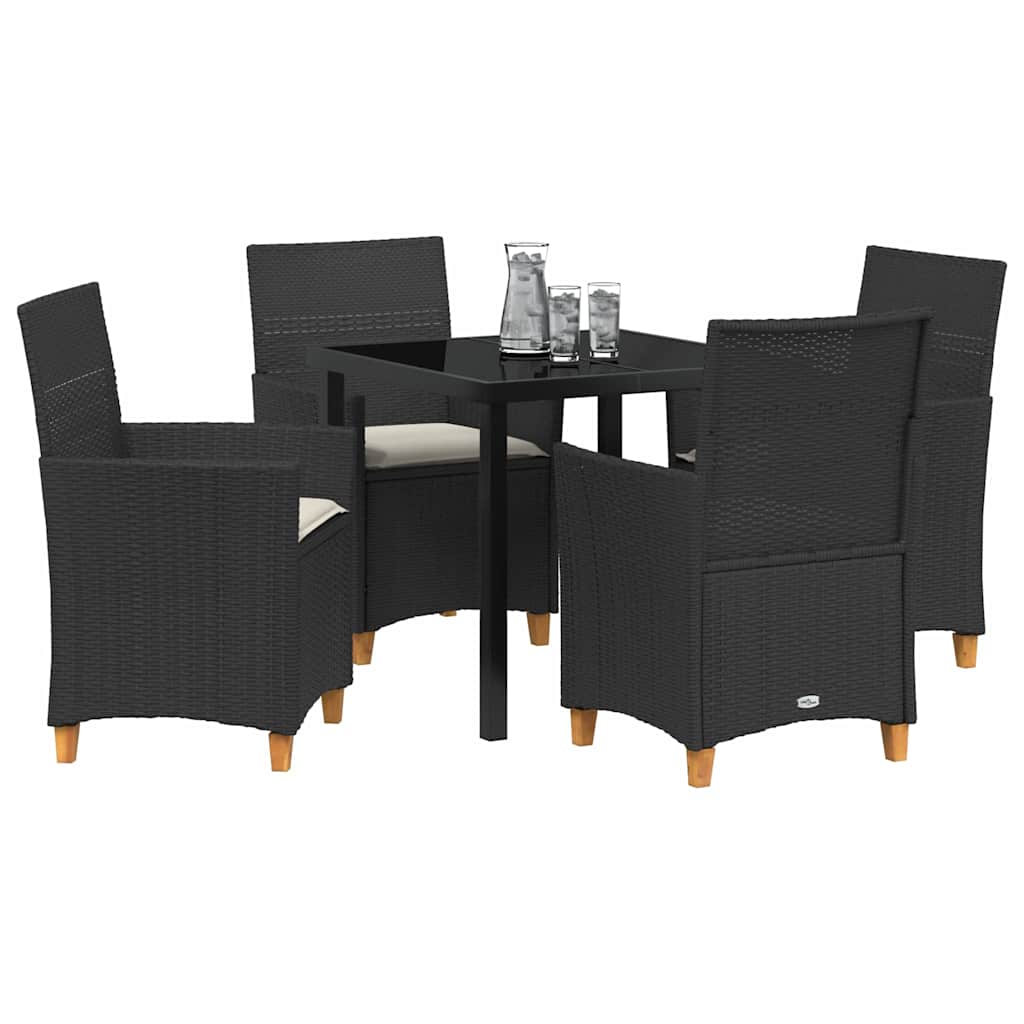vidaXL 5-delige Tuin Eettafel Set met Kussens - Zwart Poly Rattan