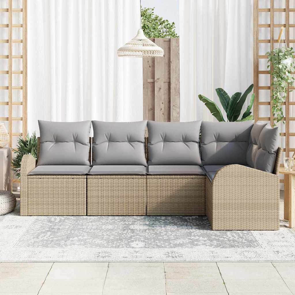vidaXL 5-delige tuinset met kussens in beige poly rattan