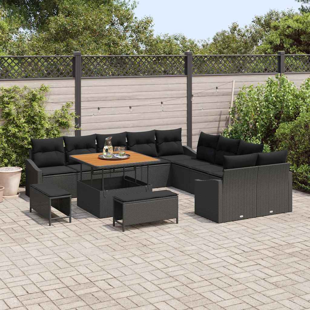 vidaXL 13-delige tuinset met kussens in zwart poly rattan en acacia