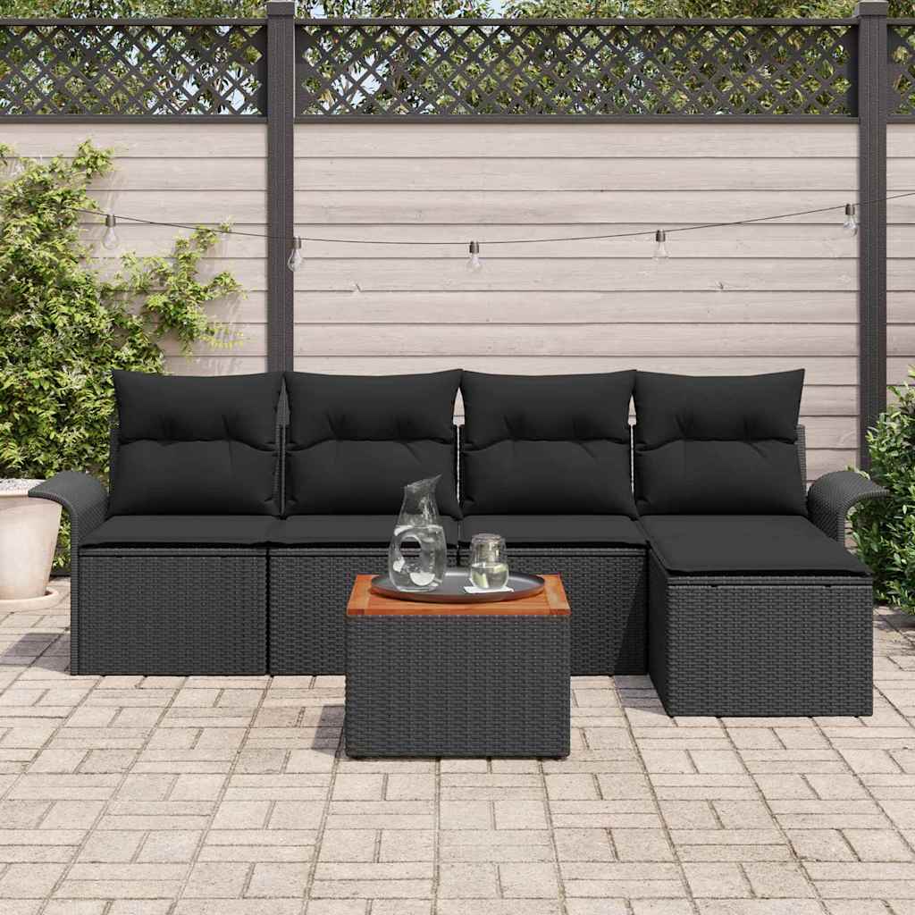 vidaXL 6-delige tuinbankset met kussens in zwart poly rattan en acacia
