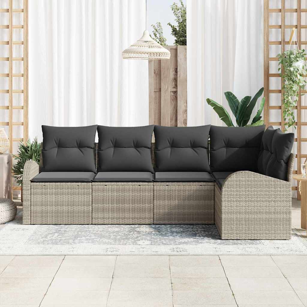 vidaXL 5-delige tuinset met kussens lichtgrijs poly rattan