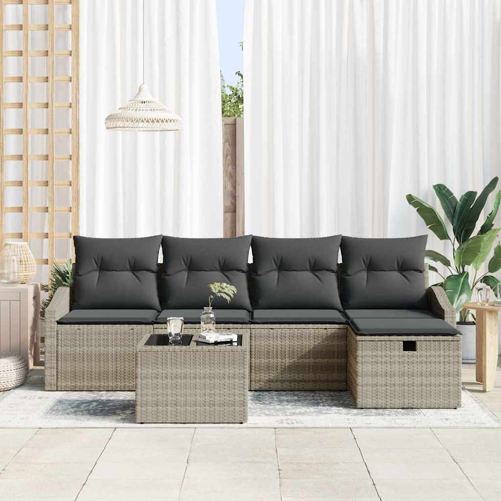 vidaXL 6-delige Tuinbank Set met Kussens in Lichtgrijs van Poly Rattan