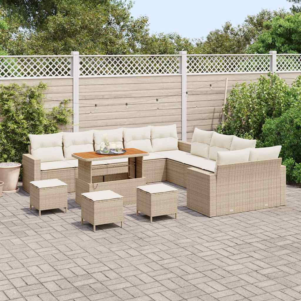 vidaXL 14-delige Tuinbankenset met kussens poly rattan acacia beige